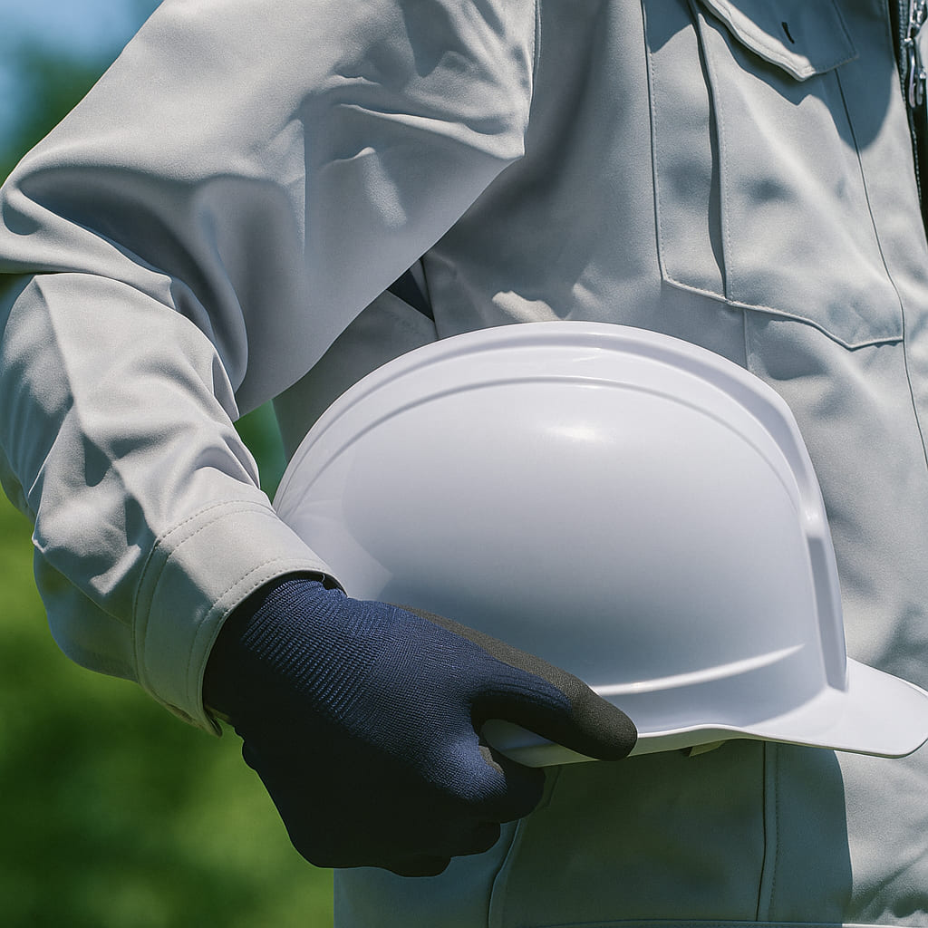 作業服を着た作業員が白いヘルメットを持っている